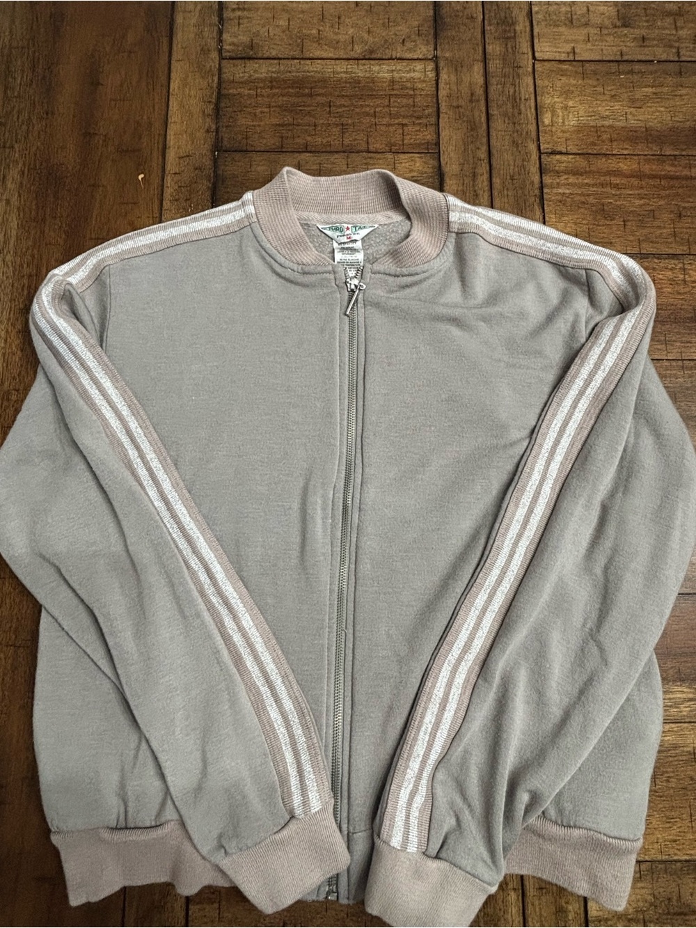 Hard Tail Gray Zip-Front Track Jacket with Tan Stripe Detail